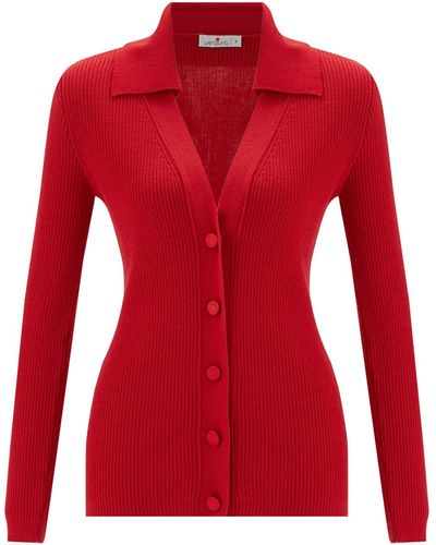 Peraluna Polo V-neck Ribbed Knit Cardigan - Red