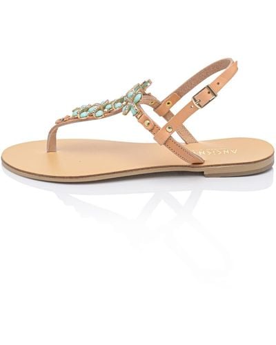 Ancientoo Mariza Handcrafted Turquoise And Rhinestone Leather Sandals - Metallic
