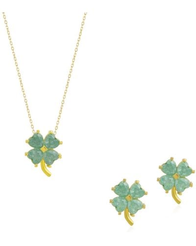 Spero London Four Leaves Clover Sterling Silver Earring & Necklace Set In Green - Blue