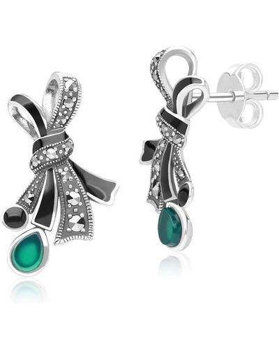 Gemondo Art Nouveau Style Marcasite, Chalcedony & Black Enamel Ribbon Bow Stud Earrings In Sterling Silver - White