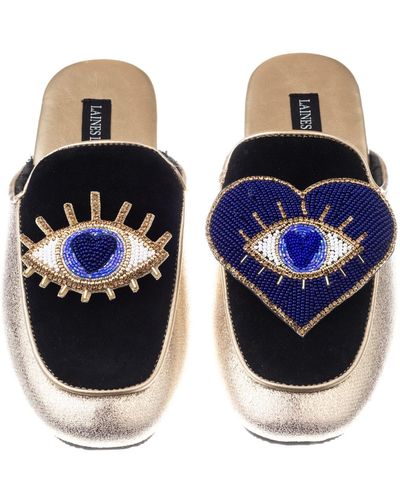 Laines London Classic Mules With Blue & Gold Double Blue Eyes Brooches