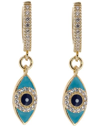 Ebru Jewelry Turquoise Sparkly Gold Evil Eye Earrings - Blue