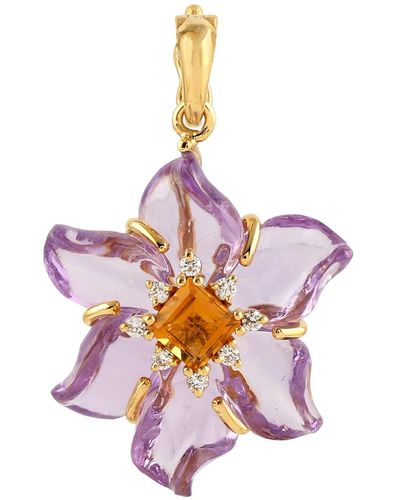 Artisan Natural Citrine 18k Yellow Gold Flower Pendant Diamond - Purple