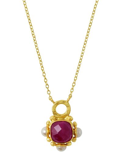 Ottoman Hands Esther Ruby And Pearl Pendant Necklace - Metallic