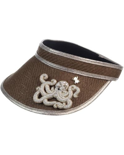 Laines London Straw Woven Visor With Beaded Octopus Brooch - Brown