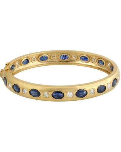 Artisan Bezel Set Oval Cut Blue Sapphire & White Diamond 10k Gold Designer Bangle - Metallic