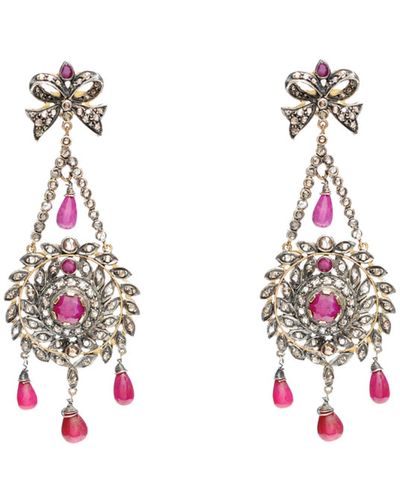 Artisan 14k Yellow Gold With Natural Ruby & Diamond Unique Dangle Earrings - Red