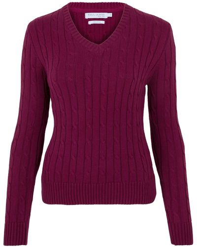 Paul James Knitwear S Cotton Talulah Cable V Neck Sweater - Purple