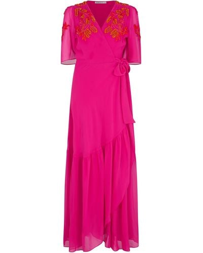 Hope & Ivy The Harriet Embellished Flutter Sleeve Maxi Wrap Dress With Tie Waist - Pink