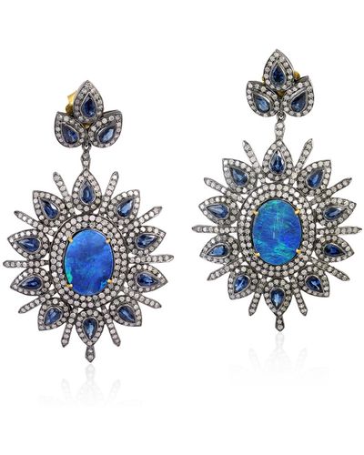 Artisan Genuine Diamond 18k Gold Blue Sapphire Opal Doublet Dangle Earrings 925 Sterling Silver Jewelry