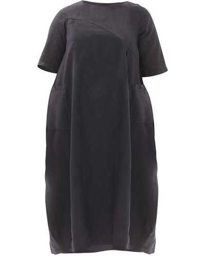 Haris Cotton Midi Linen Dress With Tab Sleeve And Front Pockets - Black