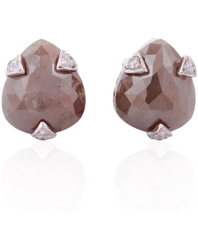 Artisan Solid White Gold Ice Diamond Pear Shape Stud Earrings Handmade - Brown