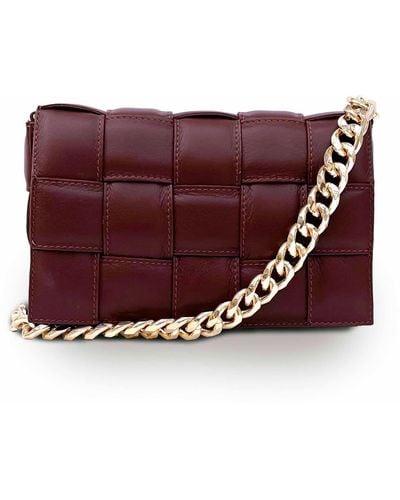 Apatchy London Burgundy Padded Woven Leather Crossbody Bag With Gold Chain Strap - Red