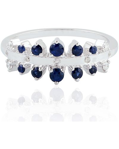 Artisan Natural Sapphire Band Ring 18k White Gold Diamond - Blue