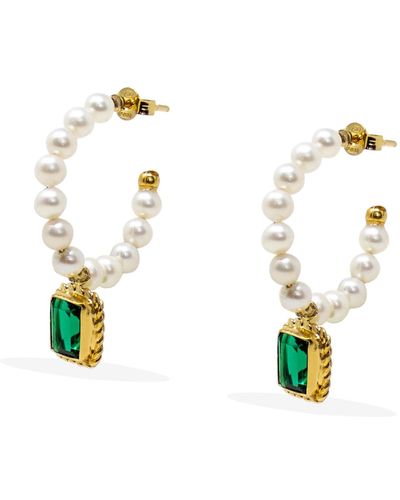 Vintouch Italy Luccichio Green Quartz And Pearl Hoop Earrings - Metallic