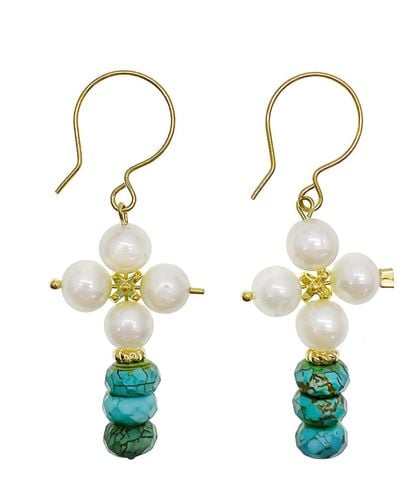Farra Freshwater Pearls With Turquoise Earrings - White