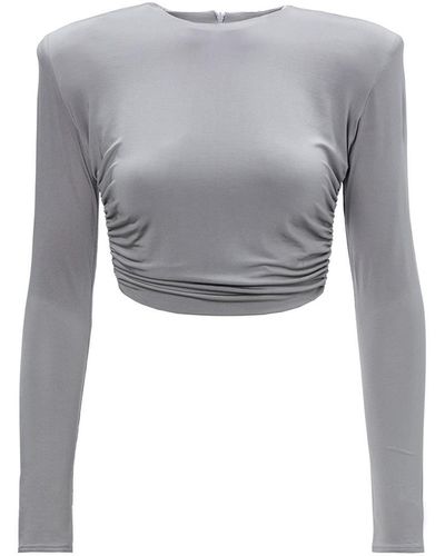 BLUZAT Crop Top With Proeminent Shoulders And Gathered Detailing - Gray