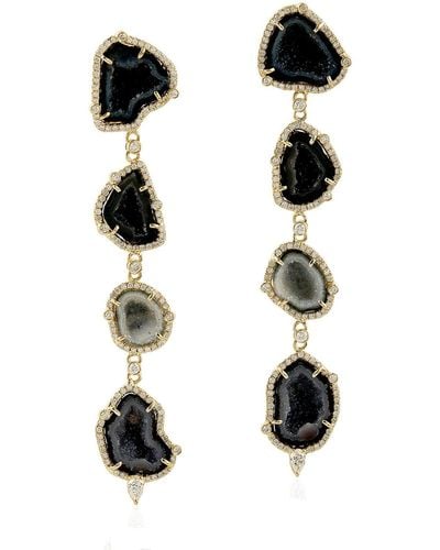 Artisan 18k Yellow Gold Pave Diamond Black Geode Dangle Drop Earrings