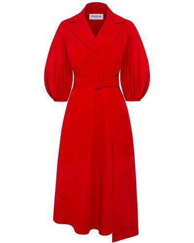 Femponiq Wide Lapel Asymmetric Belted Midi Cotton Dress - Red