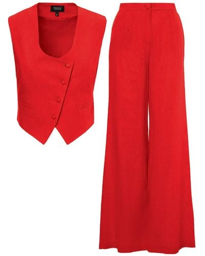 BLUZAT Linen Suit With Cut-out Vest And Straight-cut Trousers - Red