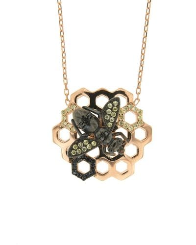 Cosanuova Rose Gold Plated Sterling Silver Honeycomb Bee Black Cz Necklace - Metallic