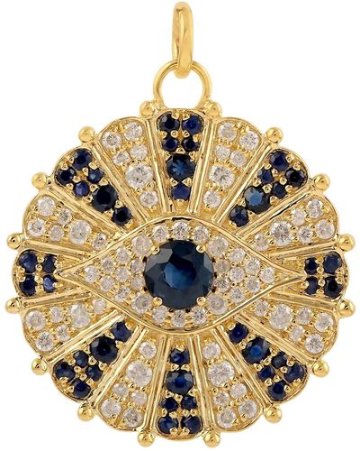 Artisan Blue Sapphire Pave Diamond Evil Eye Pendant 14k Yellow Gold Enamel - Metallic