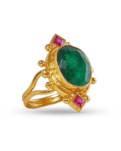Ottoman Hands Raina Emerald And Pink Crystal Ring - Green