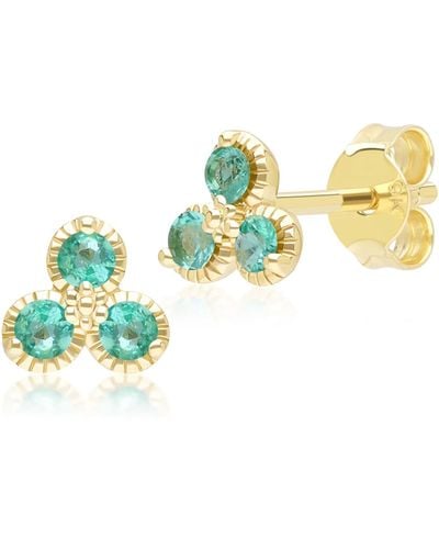 Gemondo Floral Emerald Three Stone Stud Earrings In Yellow Gold - Blue