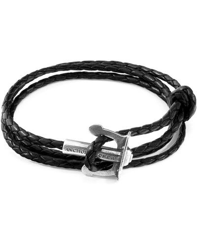 Anchor and Crew Coal Black Union Anchor Silver & Braided Leather Bracelet - Multicolour