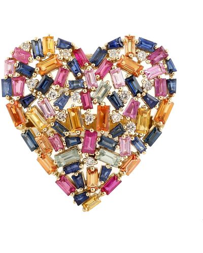 Artisan 18k Gold Multi Color Baguette Sapphire & Ruby Prong Diamond Heart Shape Large Ring - Blue