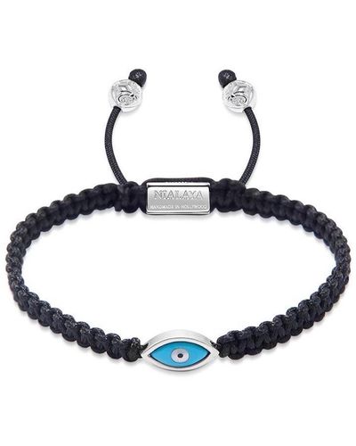 Nialaya Black String Bracelet With Silver Evil Eye - Blue
