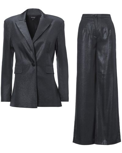 BLUZAT Shimmery Suit With Slim Fit Blazer And Wide Leg Pants - Black