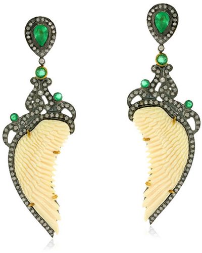 Artisan 18k Gold & Silver With Mammoth And Emerald Pave Diamond Dangle Earrings - Metallic