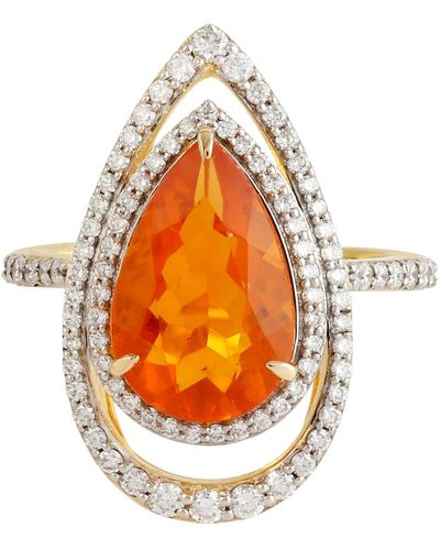 Artisan 18k Yellow Gold Pear Cut Opal Fire Natural Diamond Cocktail Rings - Orange