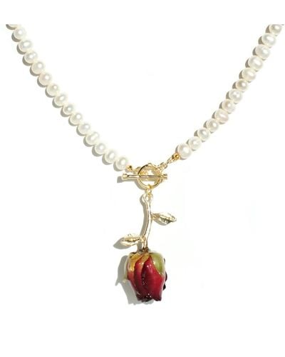 I'MMANY LONDON Real Flower Grande Amore Freshwater Pearl Choker Necklace With Rosebud Pendant - Metallic