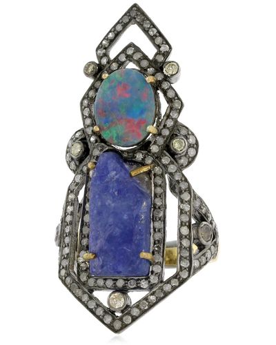 Artisan Tanzanite & Doublet Opal Knuckle Ring With Pave Diamonds In 18k & Silver - Blue