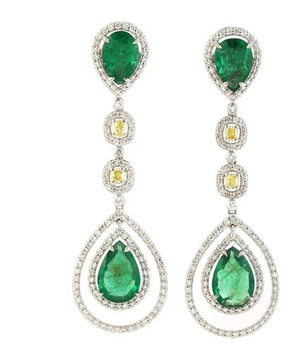 Artisan 18k White Gold In Simulant Statement Pear Emerald & Diamond Halo Drop Dangle Earrings - Green