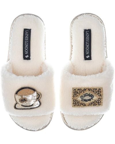 Laines London Teddy Towelling Slipper Sliders With Tea & Biscuit Brooches - Metallic