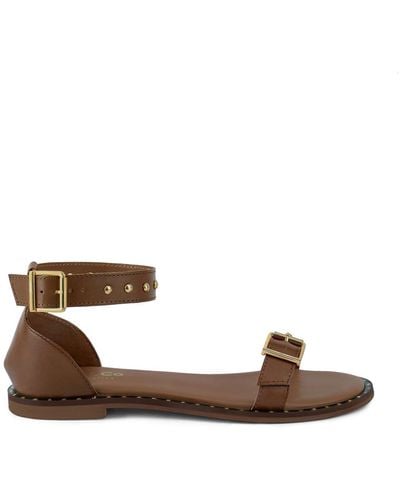 Rag & Co Rosemary Buckle Straps Tan Flat Sandals - Brown