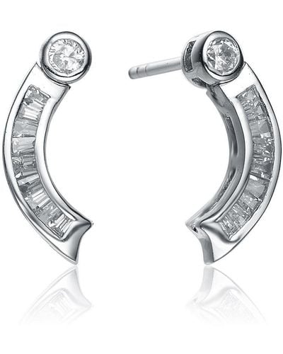 Genevive Jewelry Cubic Zirconia Sterling Silver White Gold Plated Baguette Bessel Set Earrings - Metallic