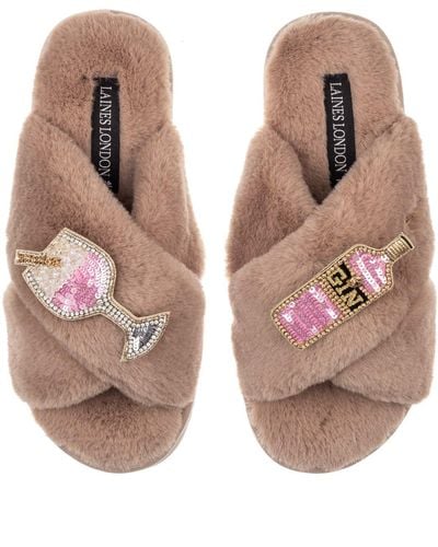 Laines London Classic Laines Slippers With Pink Gin & Glass Brooches - Brown