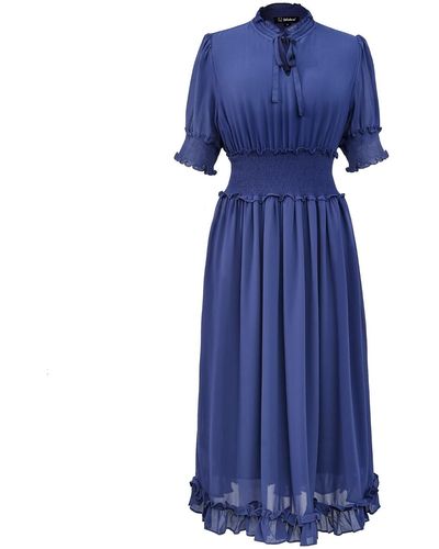 Smart and Joy Chiffon Dress With Smocks And Small Ruffles - Blue
