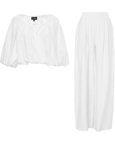 BLUZAT Linen Matching Set With Flowy Blouse And Wide Leg Pants - White