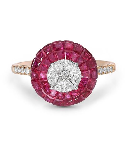 Artisan Handmade 18k Rose Gold Round Ring Diamond Ruby Gemstone - Pink