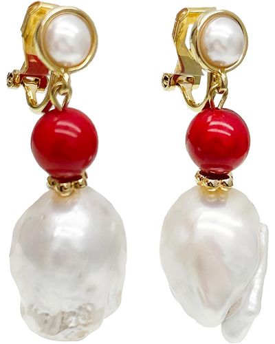 Farra Baroque Pearl With Red Coral Clip-on Earrings