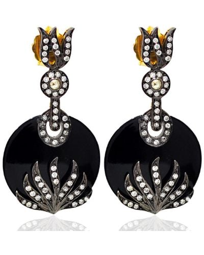 Artisan Onyx Pave Diamond 18k Gold 925 Sterling Silver Dangle Earrings Jewellery - Black