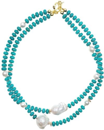 Farra Turquoise With Baroque Pearl Double Layers Statement Necklace - Blue