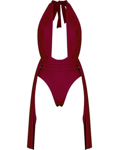 ANTONINIAS Plonger Deep Plunge Halter Neck Swimsuit With Decorative Belt In Burgundy - Red