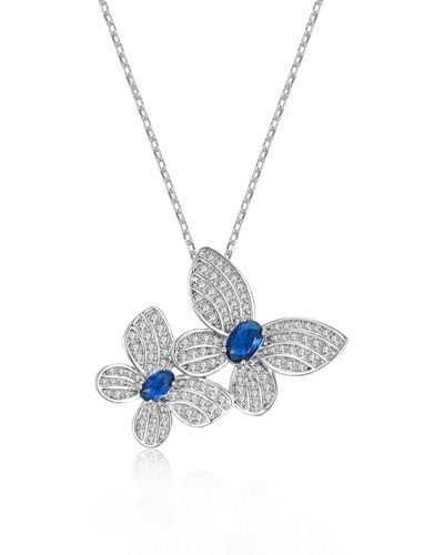 Genevive Jewelry Sterling Silver White Gold Plated Blue Sapphire & Diamond Cubic Zirconia Double Fluttering Butterfly Pendant Necklace