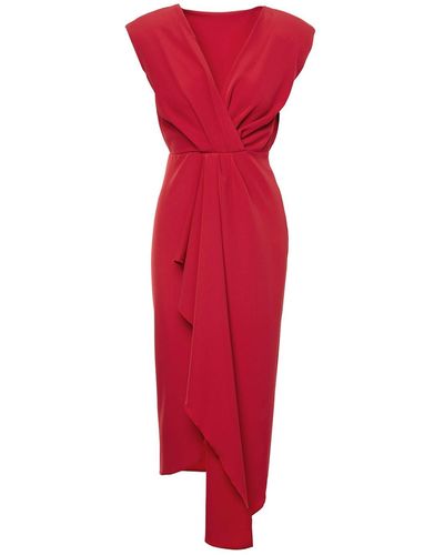 BLUZAT Midi Dress With Draping Detailing And Pleats - Red